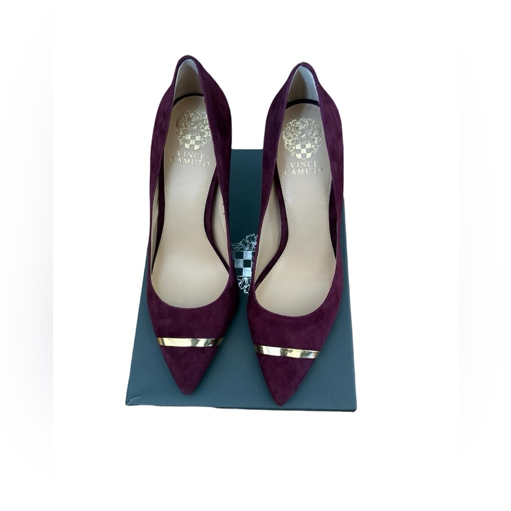 Vince Camuto Wine Suede Pointed Toe Pumps with Gold Trim